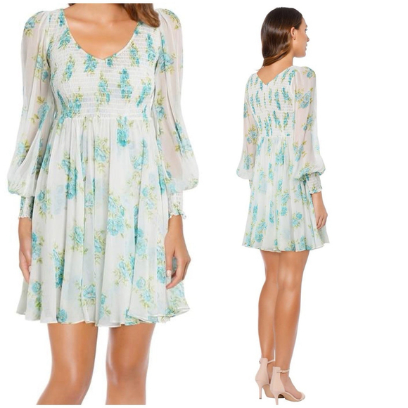 Zimmermann Silk Green White Floral Smocked Babydoll Mini Dress Size 1 M No Liner - Picture 5 of 16